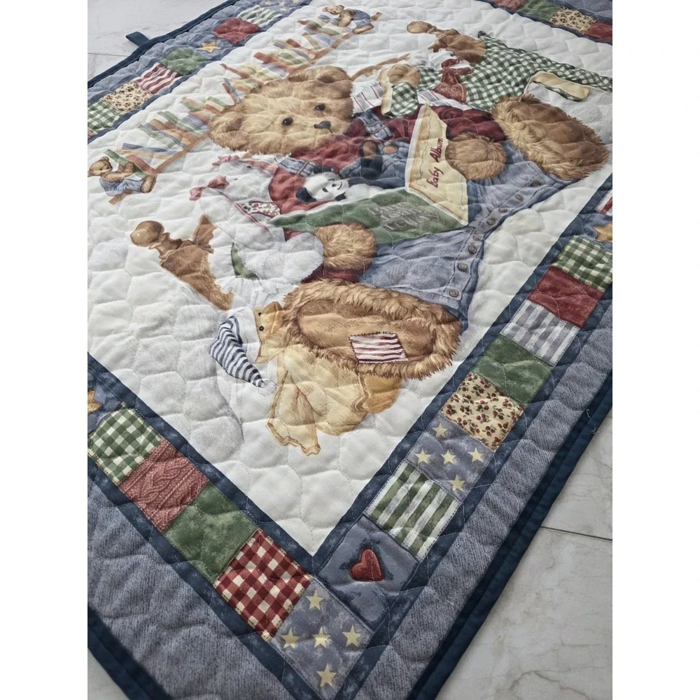 VTG Blue Jean Teddy Bear Toys Comforter / Quilted Baby Blanket Wall Hanging